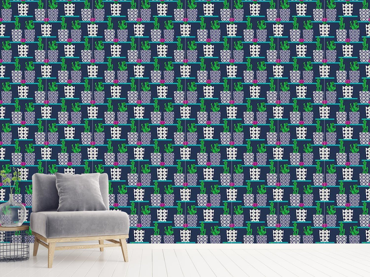 patterned-wallpaper-cacti-on-shelves